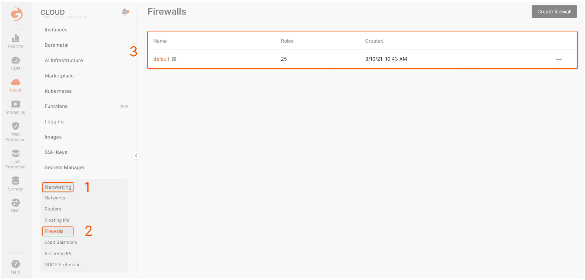 Screenshot of the firewall section