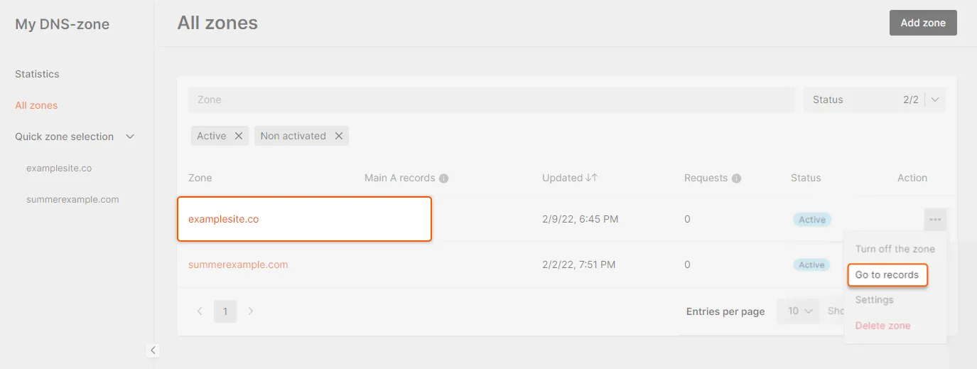 Accessing examplesite.co DNS records with the Go to records button in the DNS zone
