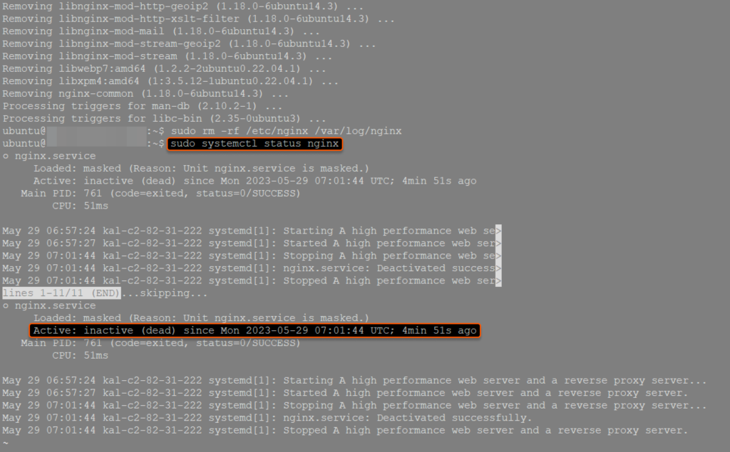 Check the nginxs removal with the systemctl command