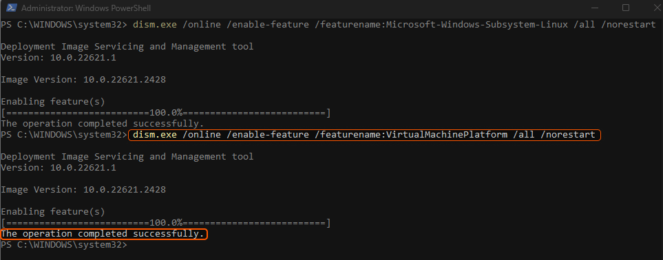 Snapshot of Powershell terminal running a command to Enable Virtual Machine Platform