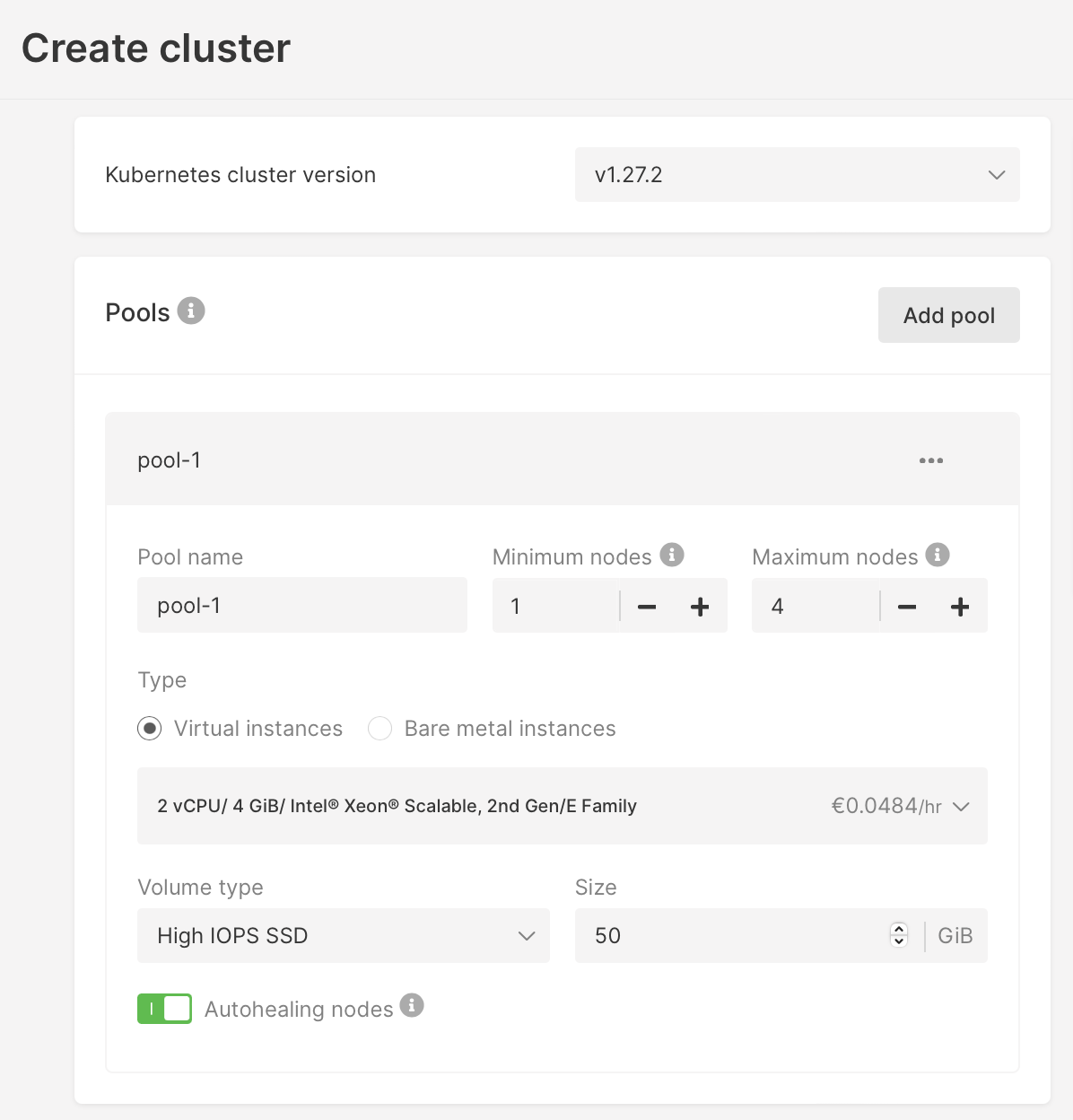 Enable cluster autoscaling by specifying minimum and maximum nodes for the pool of nodes