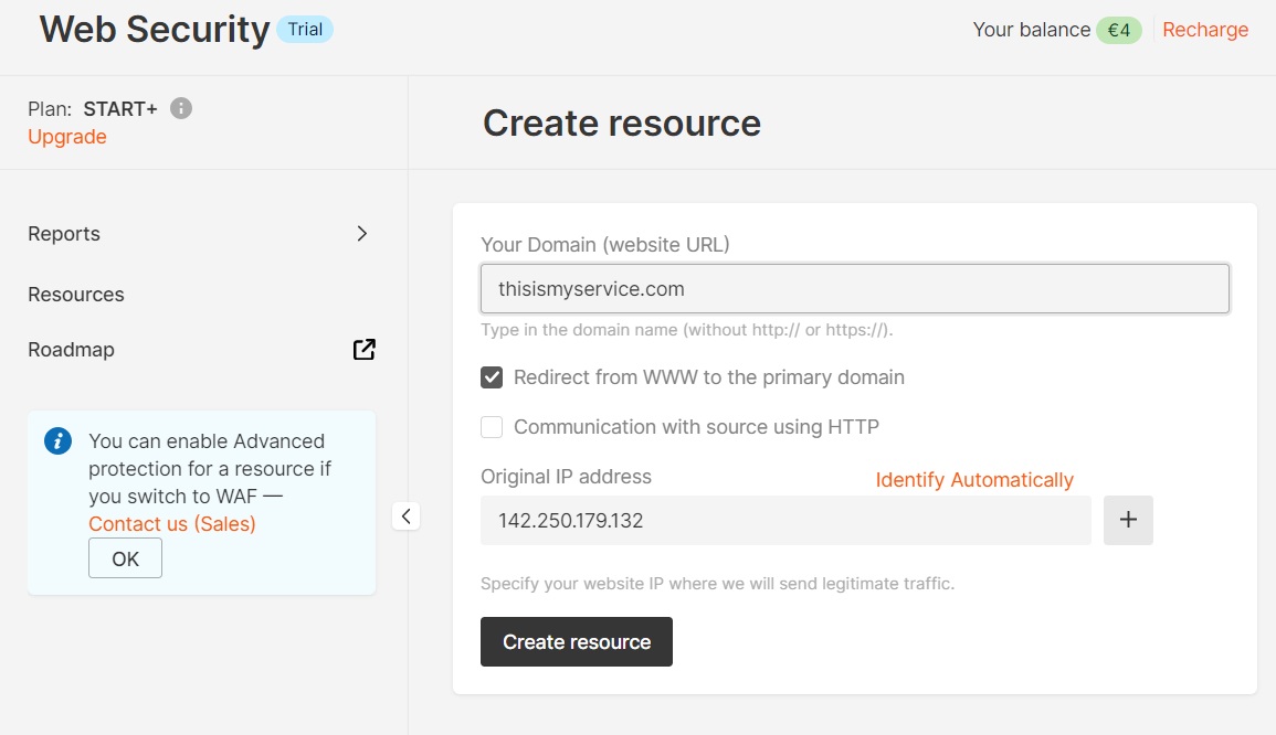 Set the service domain URL and original IP address of the service to create a resource for Gcore Web Security, so that your service can be protected by Gcore’s defense system during security attacks