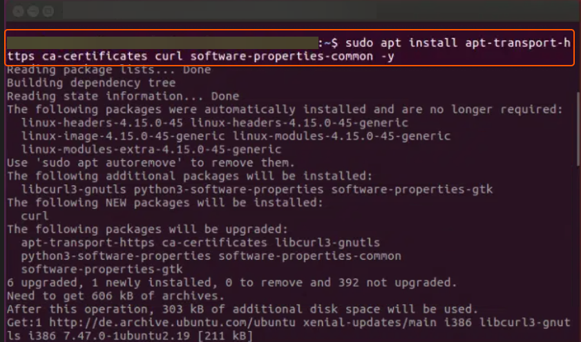 Screenshot of a terminal command to install necessary packages for Docker setup on Ubuntu.