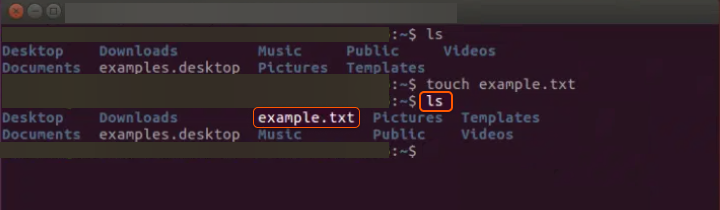 Snapshot of ls command in Linux terminal. Showing example.txt as a result. 