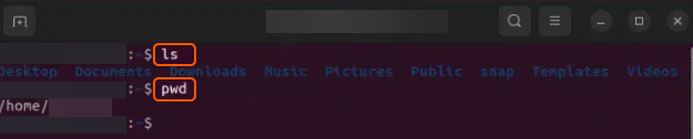 Screenshot of a Linux terminal displaying the usage of 'ls' and 'pwd' commands, showcasing directory contents and the present working directory, respectively.