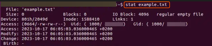 Snapshot of "stat" command for example.txt. Showing information including its timestamps. 