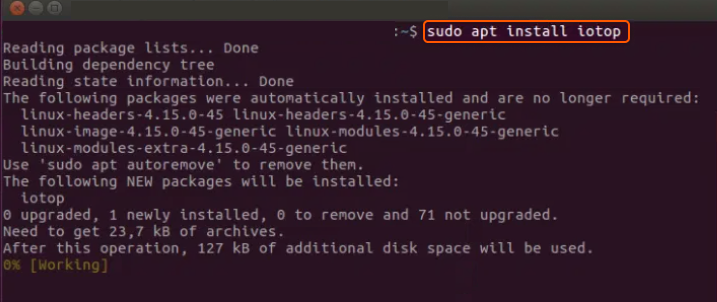 Snapshot of sudo apt install iotop command in Linux Terminal. 