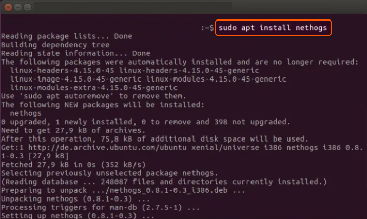 Snapshot of using sudo apt instasll nethogs command in Linux Terminal