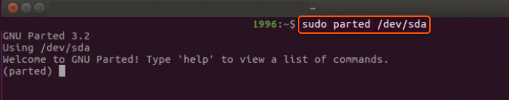Snapshot of sudo parted /dev/sda in Linux Terminal