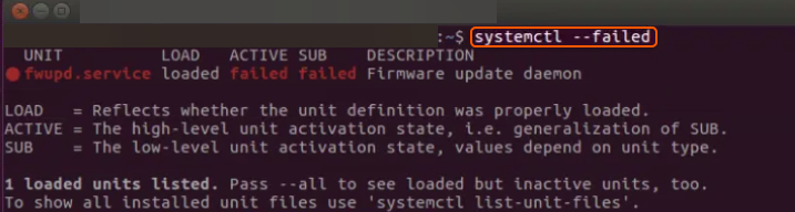 Snapshot of systemctl --failed comamand in Linux terminal. 