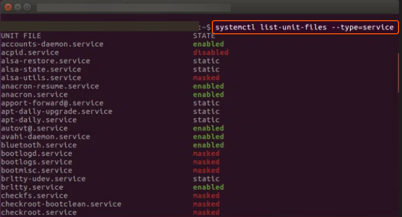 Snapshot of using systemctl list-unit--files --type=service command in terminal. 