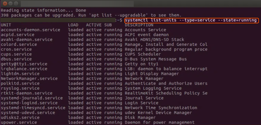 Snapshot of systemctl list-units --type=service --state=running command in the terminal. 