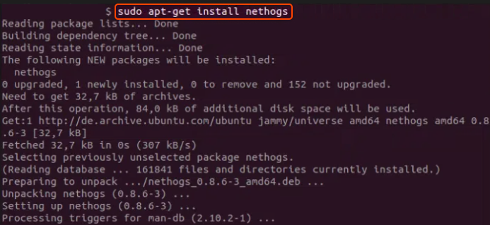 sudo apt-get install nethogs command 