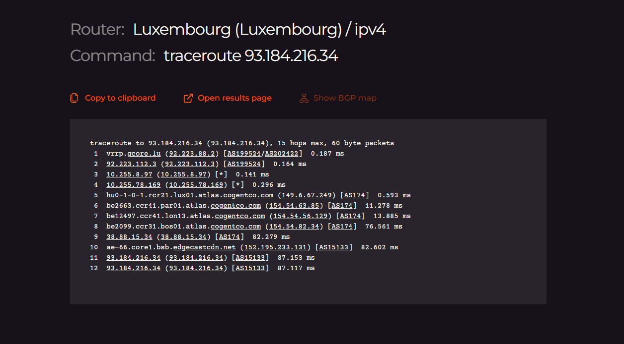 The output of the traceroute command for 93.184.216.34 IP address from Gcore’s Luxembourg node