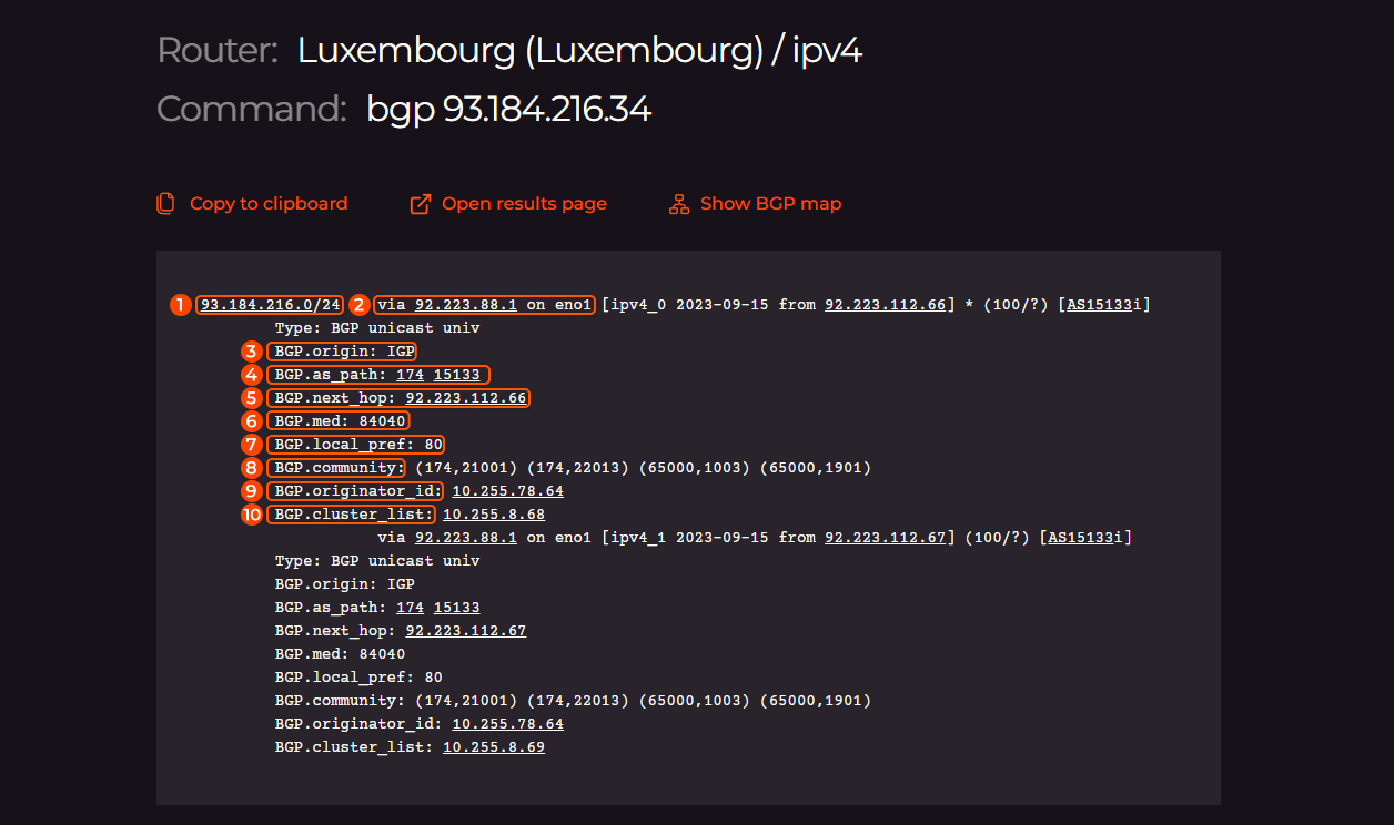 The output of the BGP command for 93.184.216.34 IP address from Gcore’s Luxembourg node