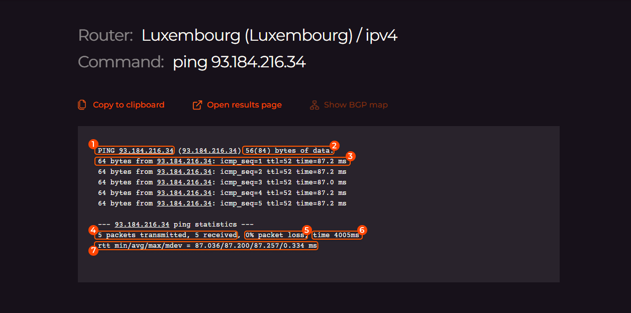 The output of the ping command for 93.184.216.34 IP address from Gcore’s Luxembourg node