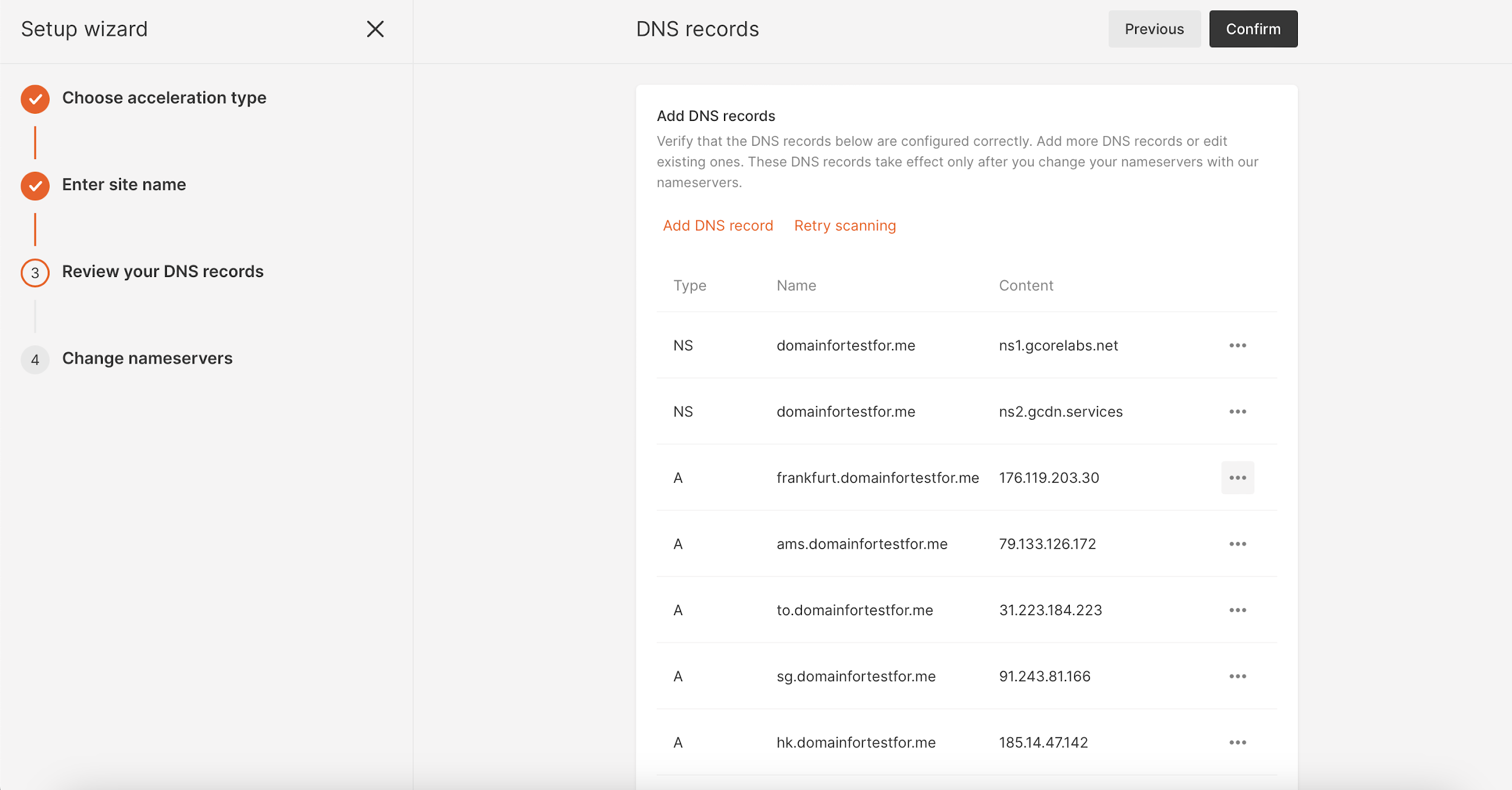 Window showing all DNS records for the configured site