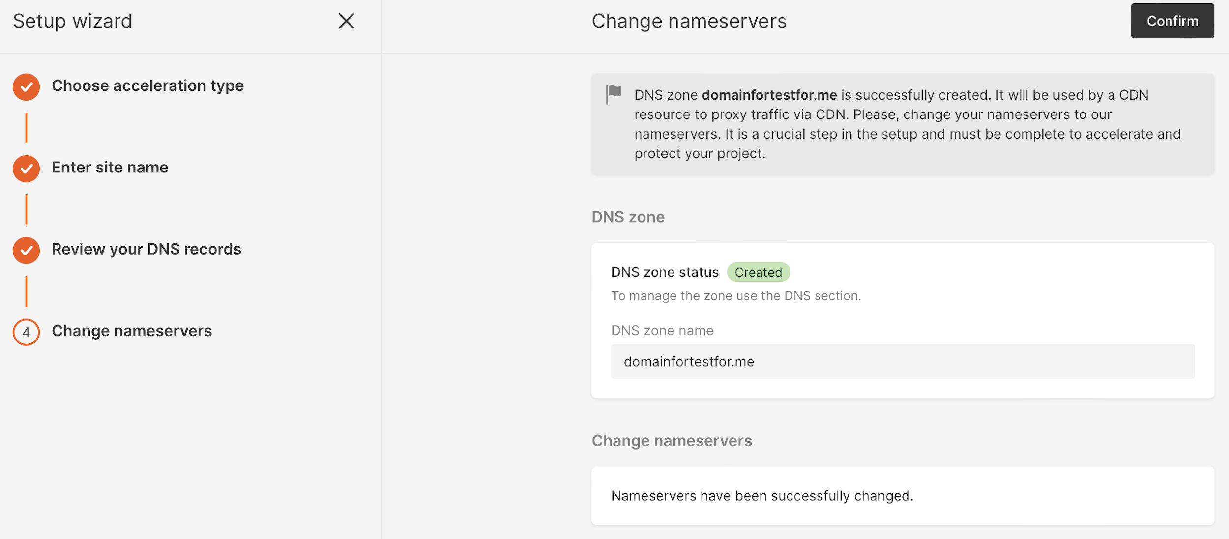 Window displaying the created CDN resource and associated DNS zone