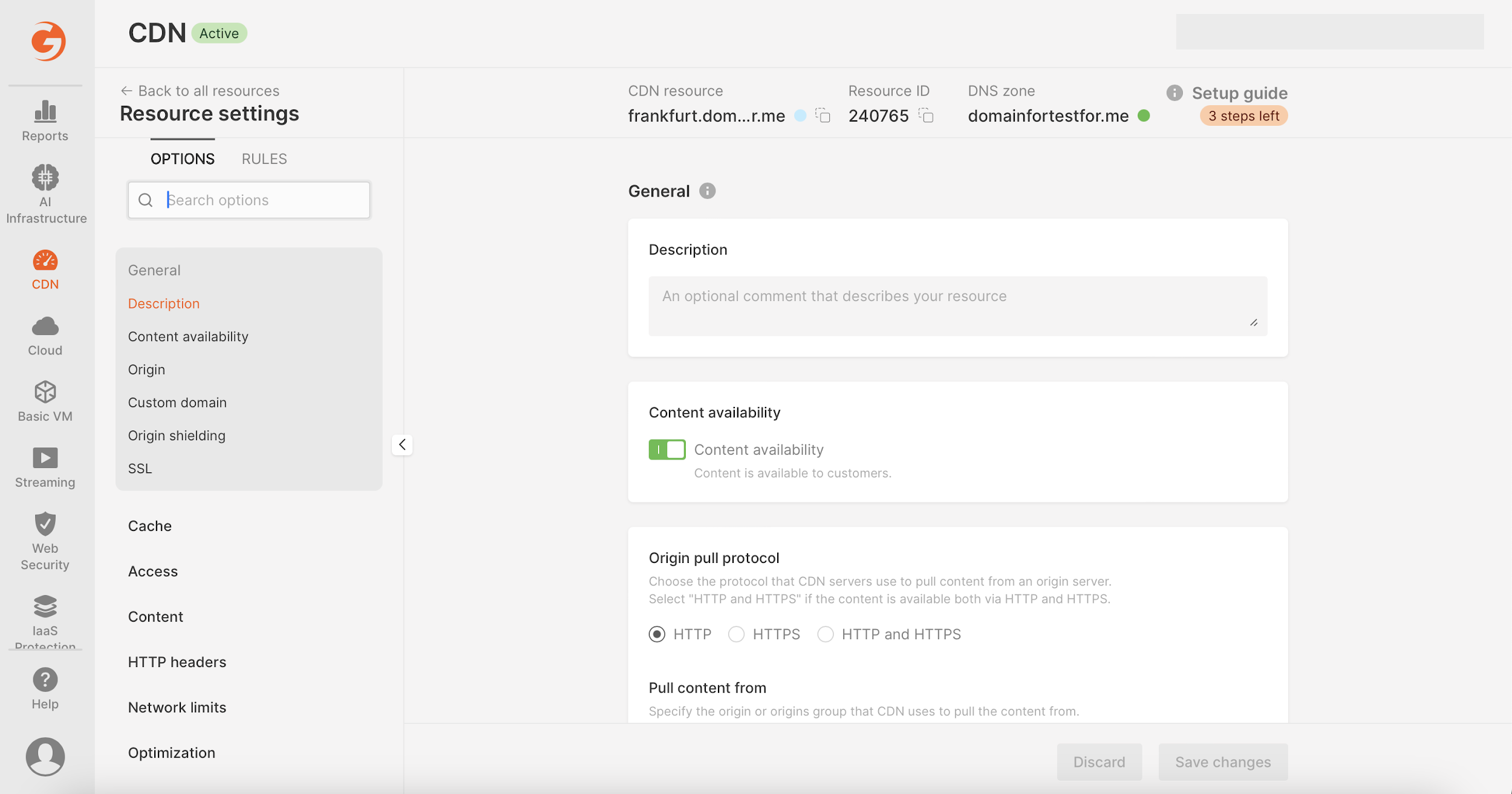 Settings window for configuring CDN resource in Gcore