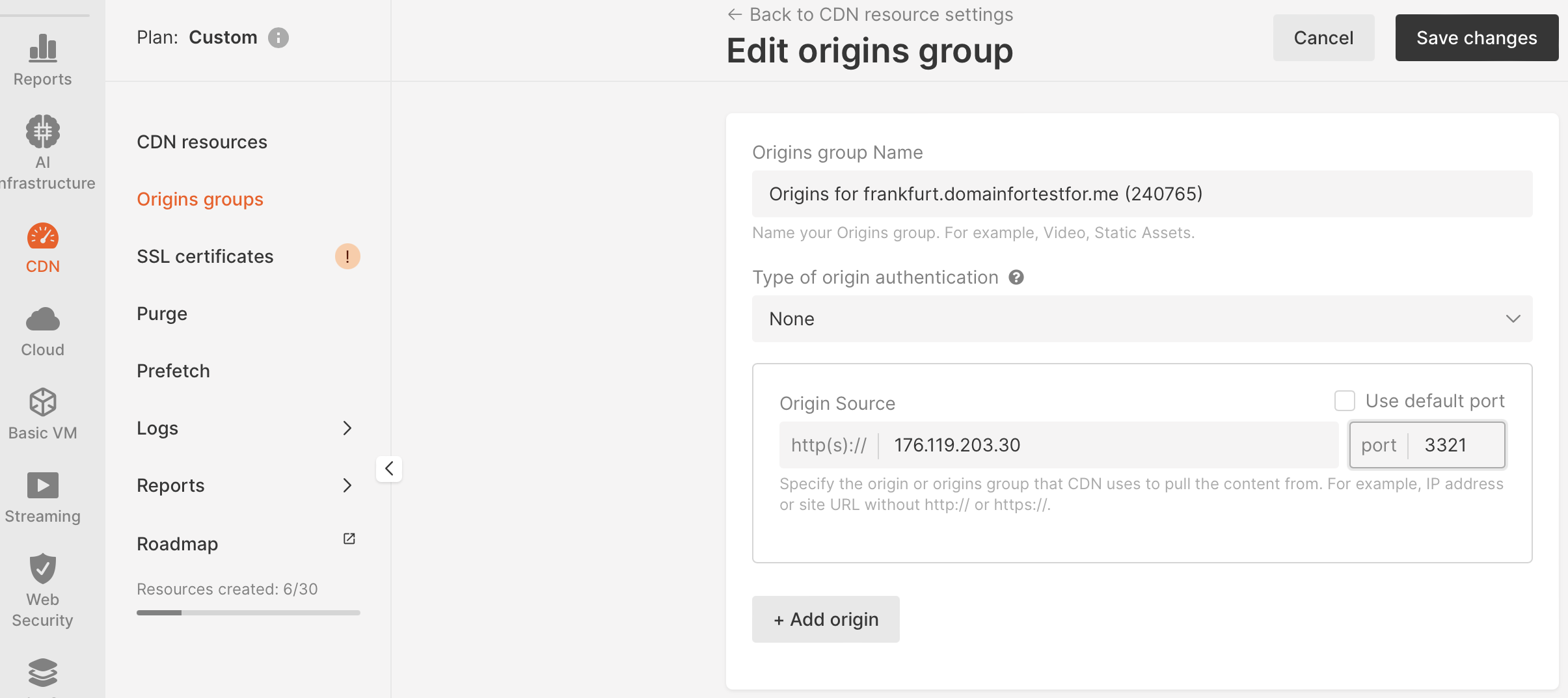 Window for setting Origin Source port in CDN resource settings