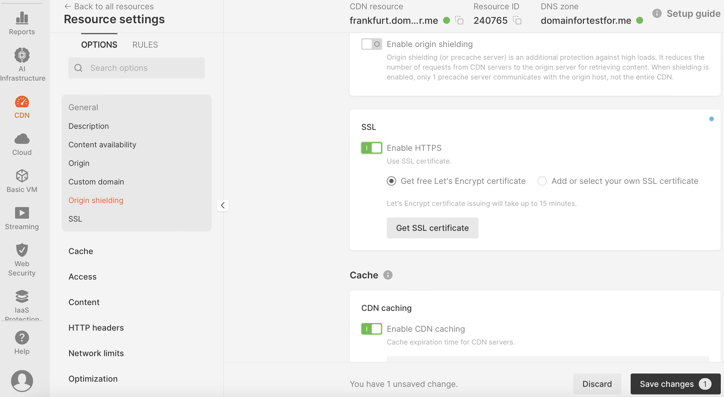 SSL configuration window for CDN with Let’s Encrypt selected