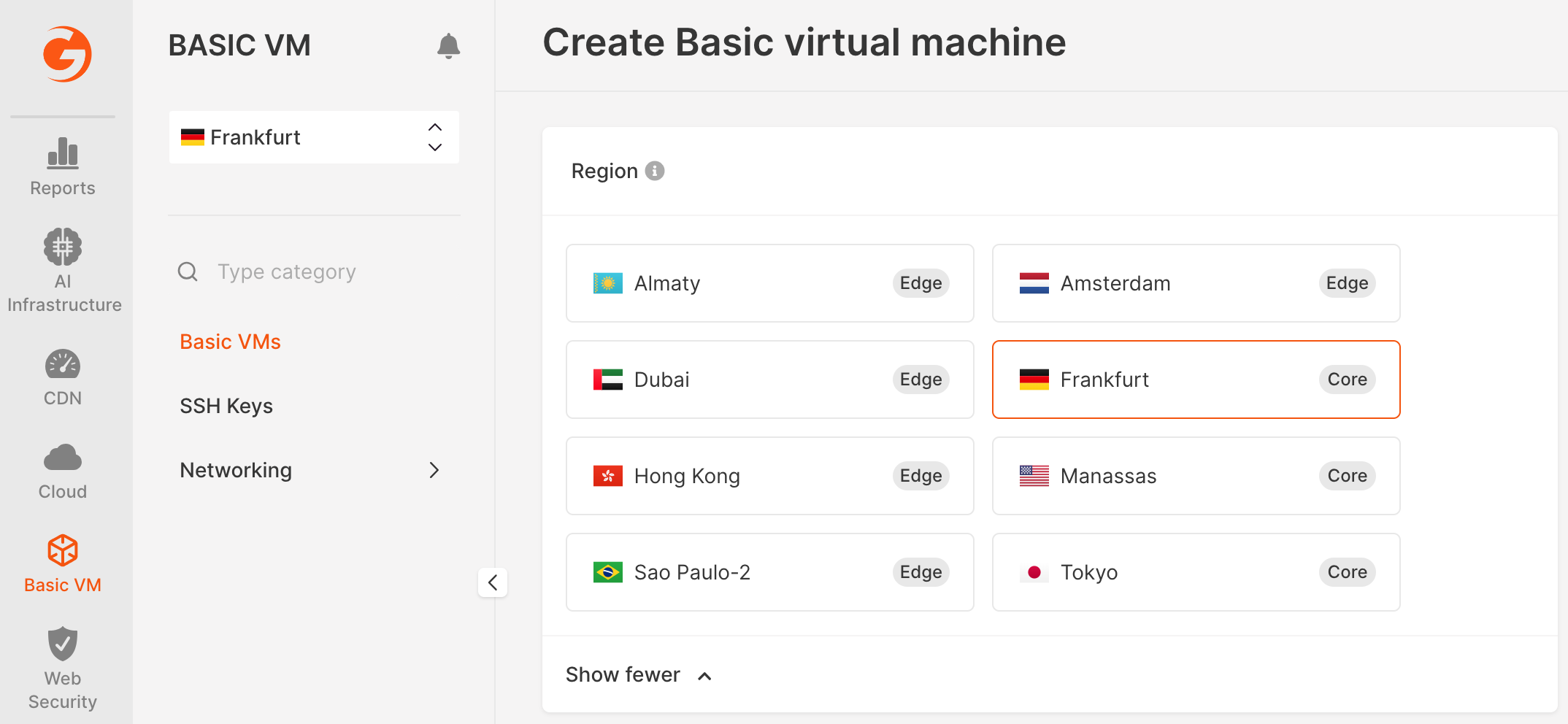 Region selection window for VM setup in Gcore, highlighting Frankfurt