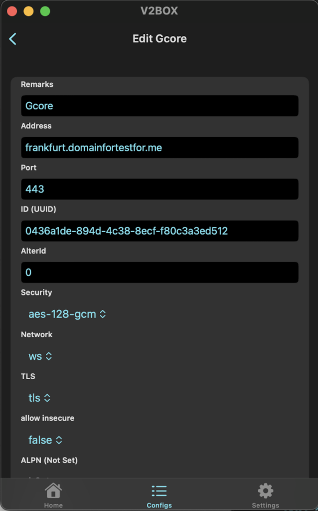 Window for editing V2Ray client configuration profile settings