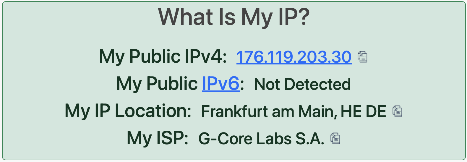 Screen showing new IP and location verified via whatismyip.com