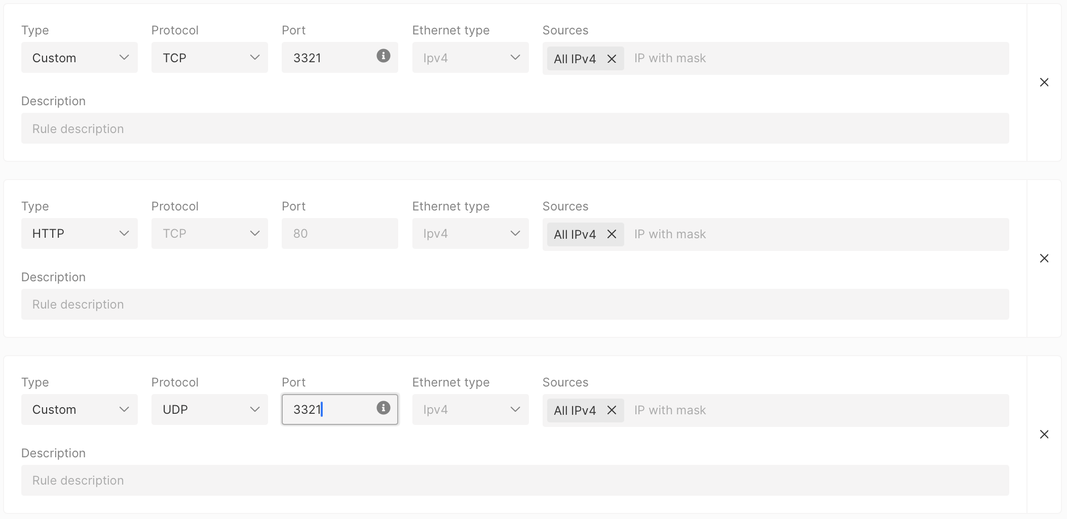 Firewall settings window displaying newly added inbound rules