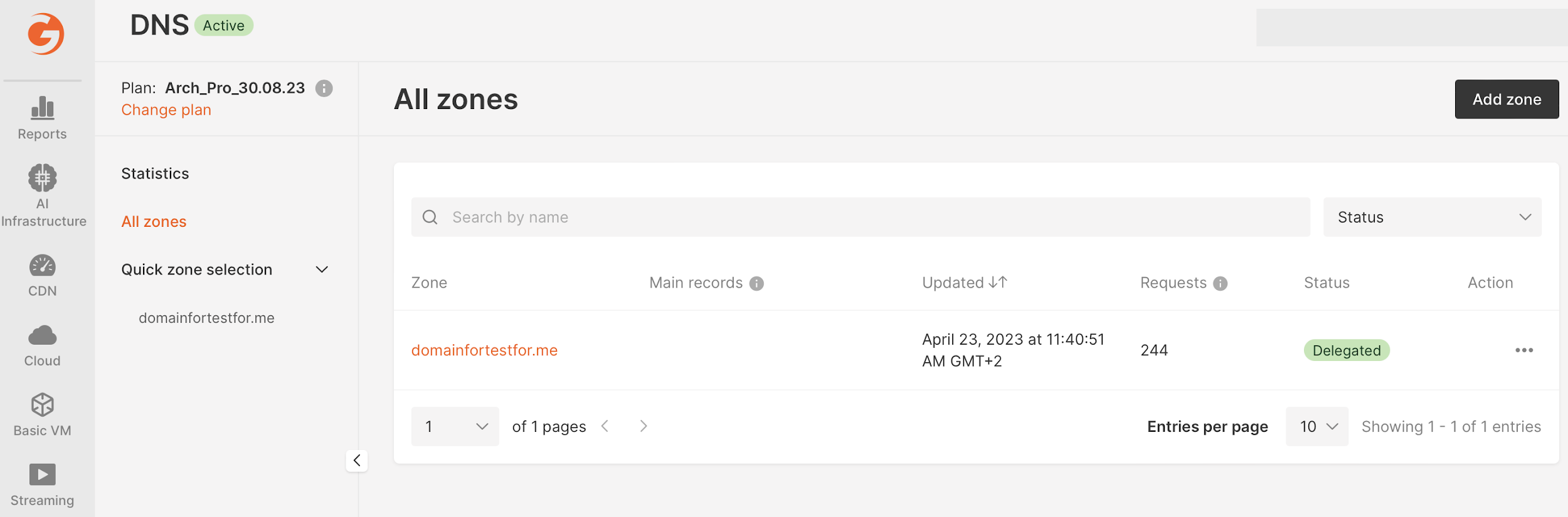 Gcore Customer Portal “All zones” section showing a delegated DNS zone