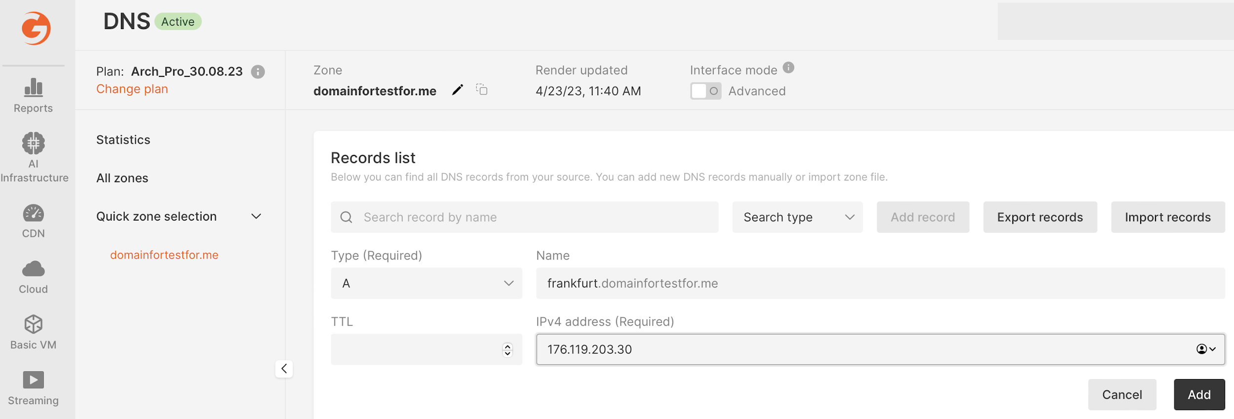 Window displaying configuration of a new A record for V2Ray server