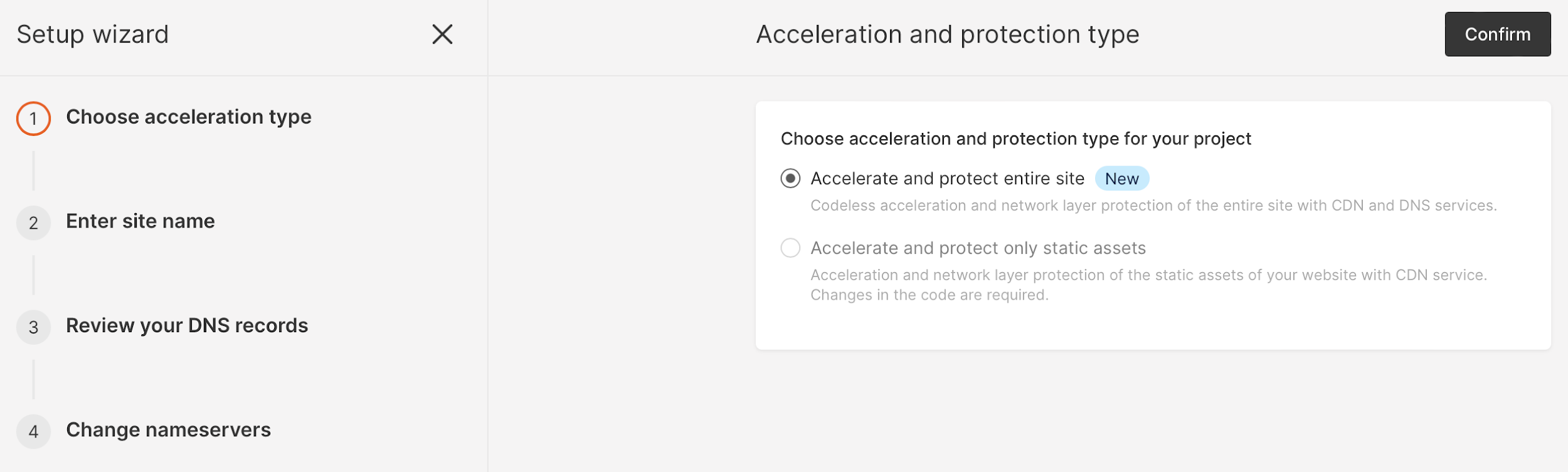 Window for selecting a CDN acceleration option in the Gcore Customer Portal