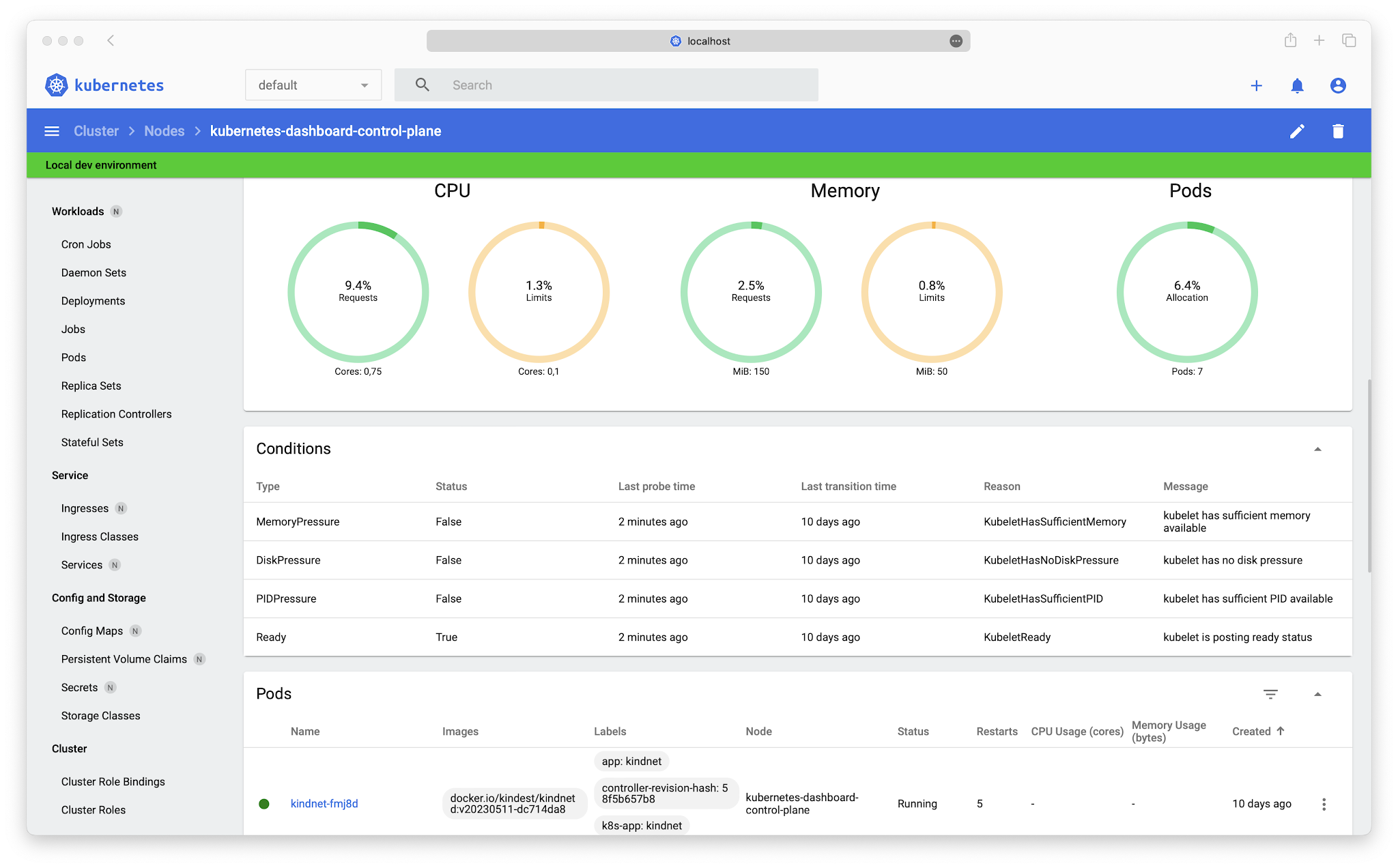 Kubernetes Dashboard user interface with the control plane resource overview