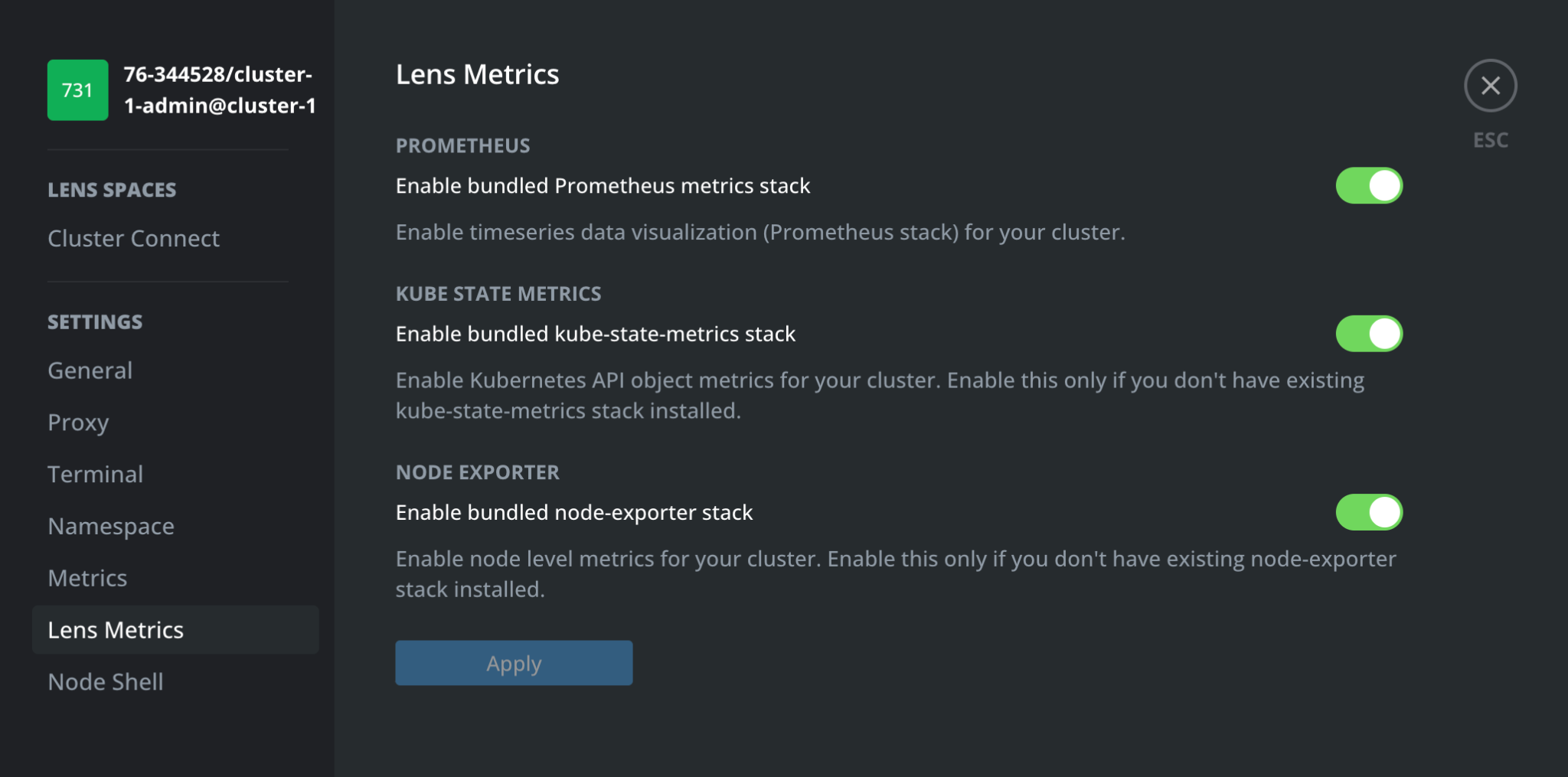 The Lens Metrics screen with three metric options to choose from