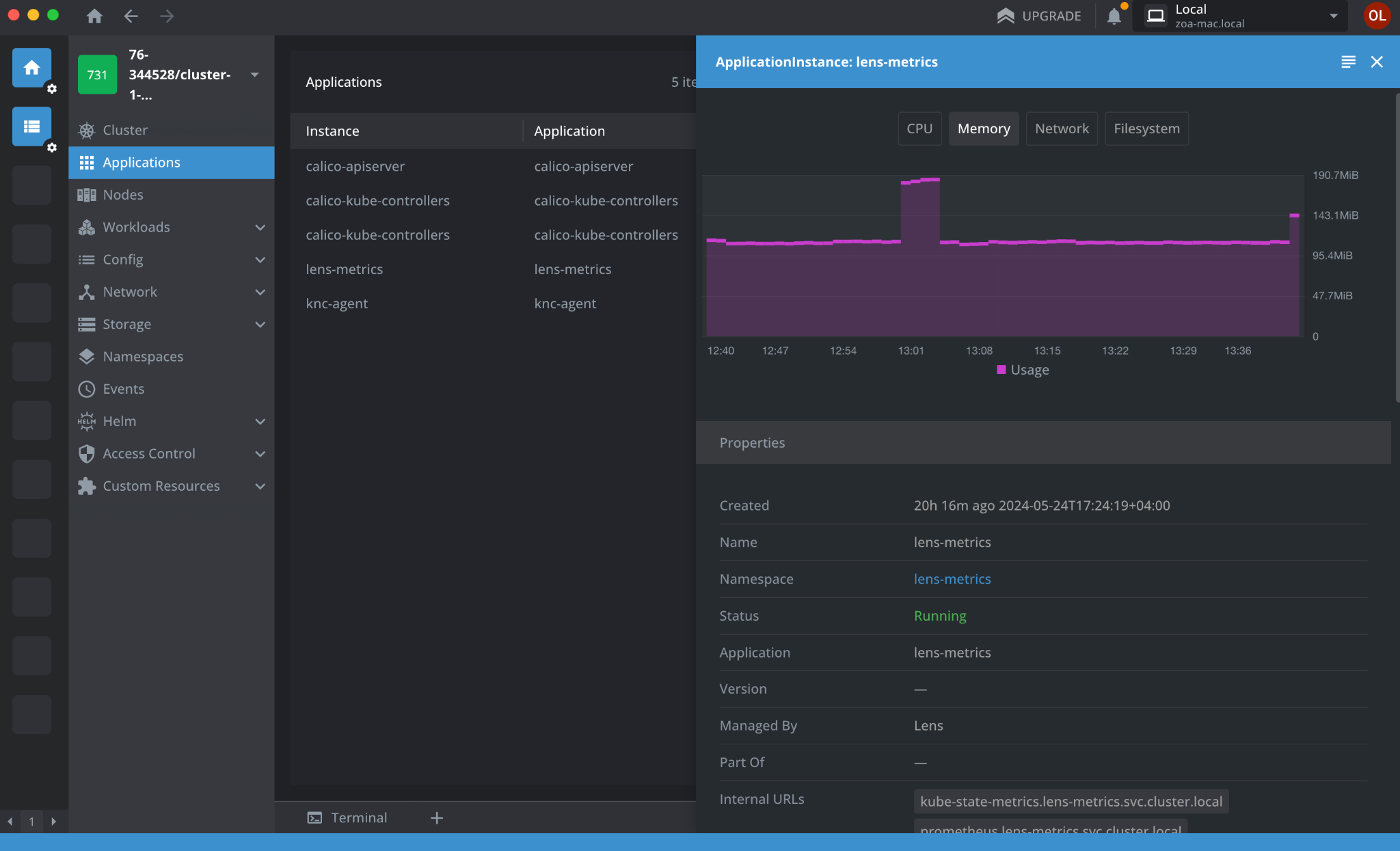 Statistics of an application memory consumption showing in MiB