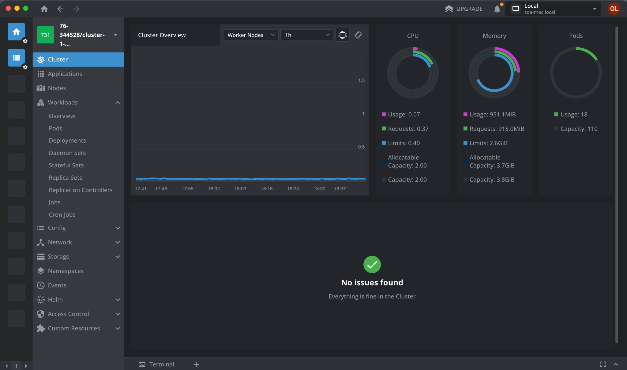 Lens GUI with the general cluster overview