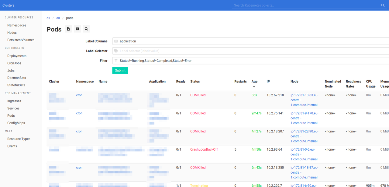 Kubernetes Web View user interface with the pods’ overview