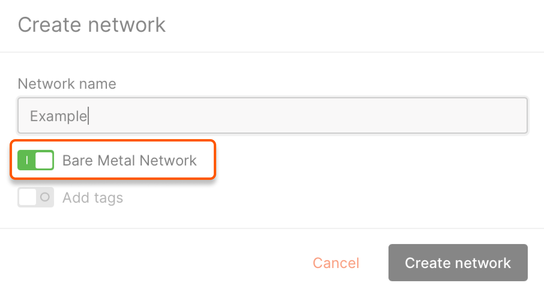 Bare Metal Network toggle