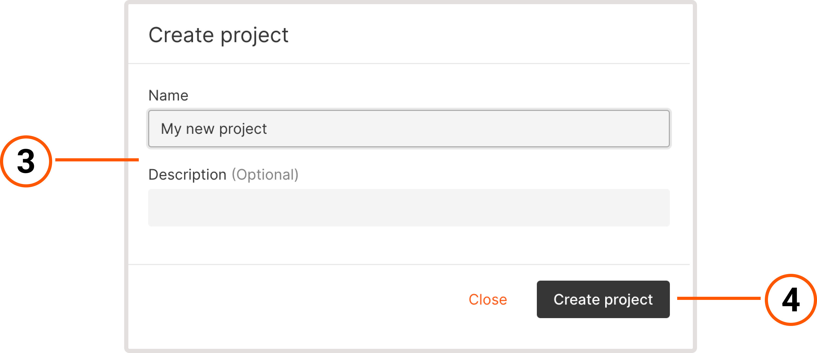 A dialog with configuration of project name and description