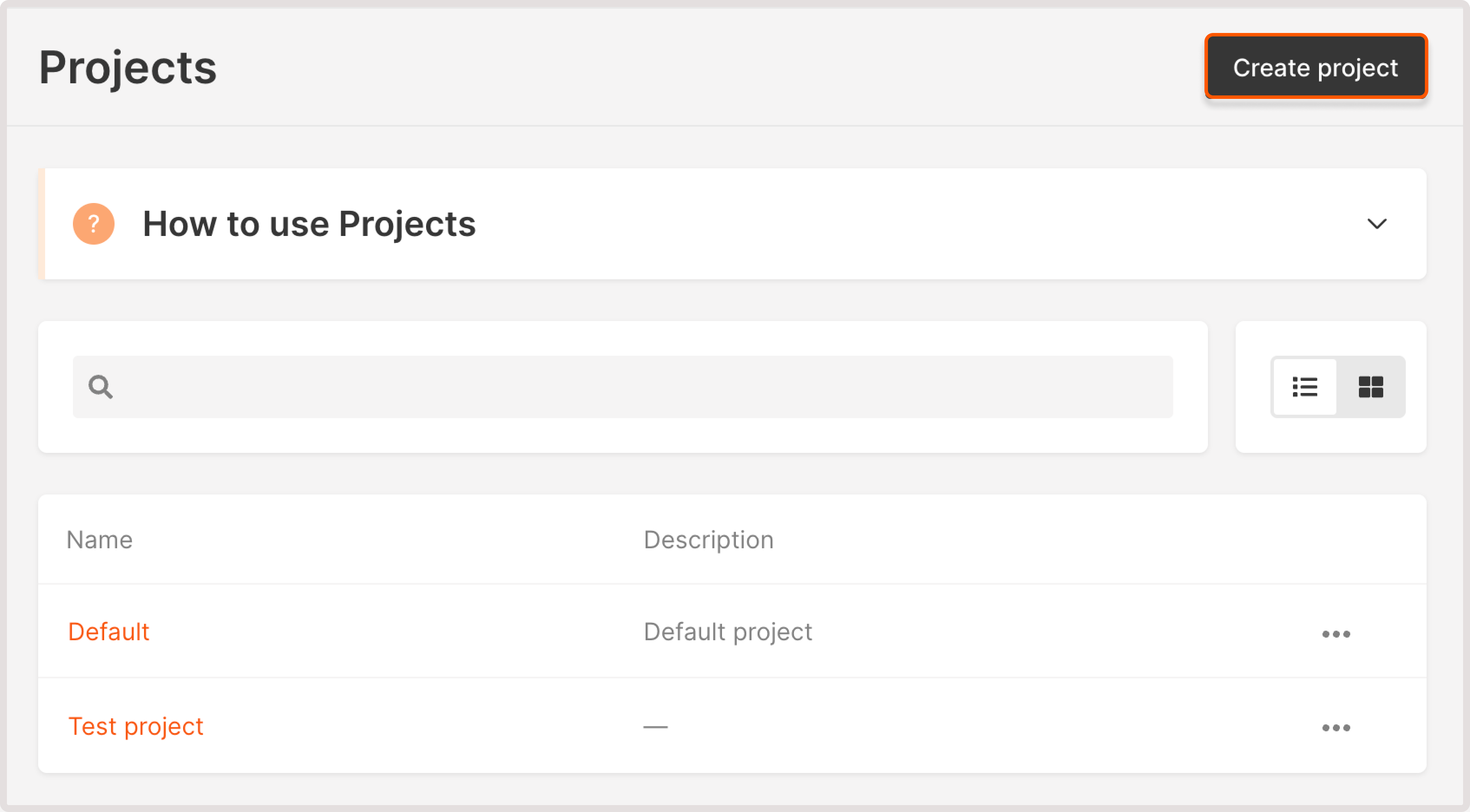 The Projects page with the Create project button highlighted