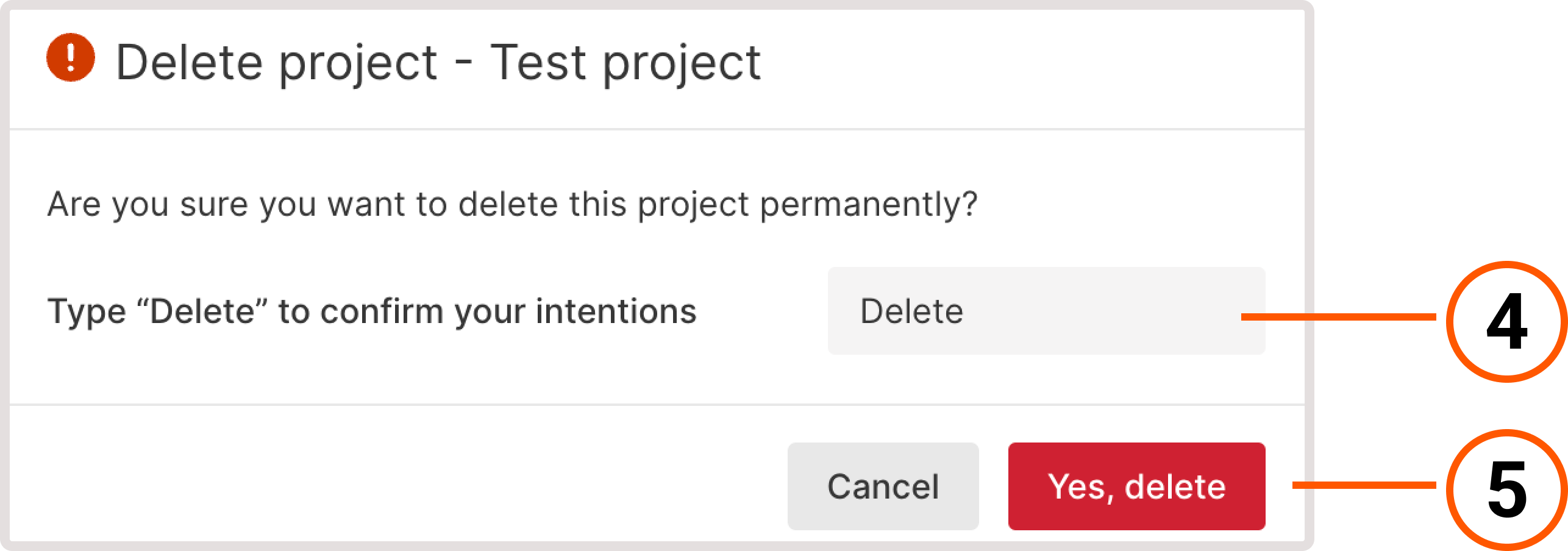 Delete project dialog