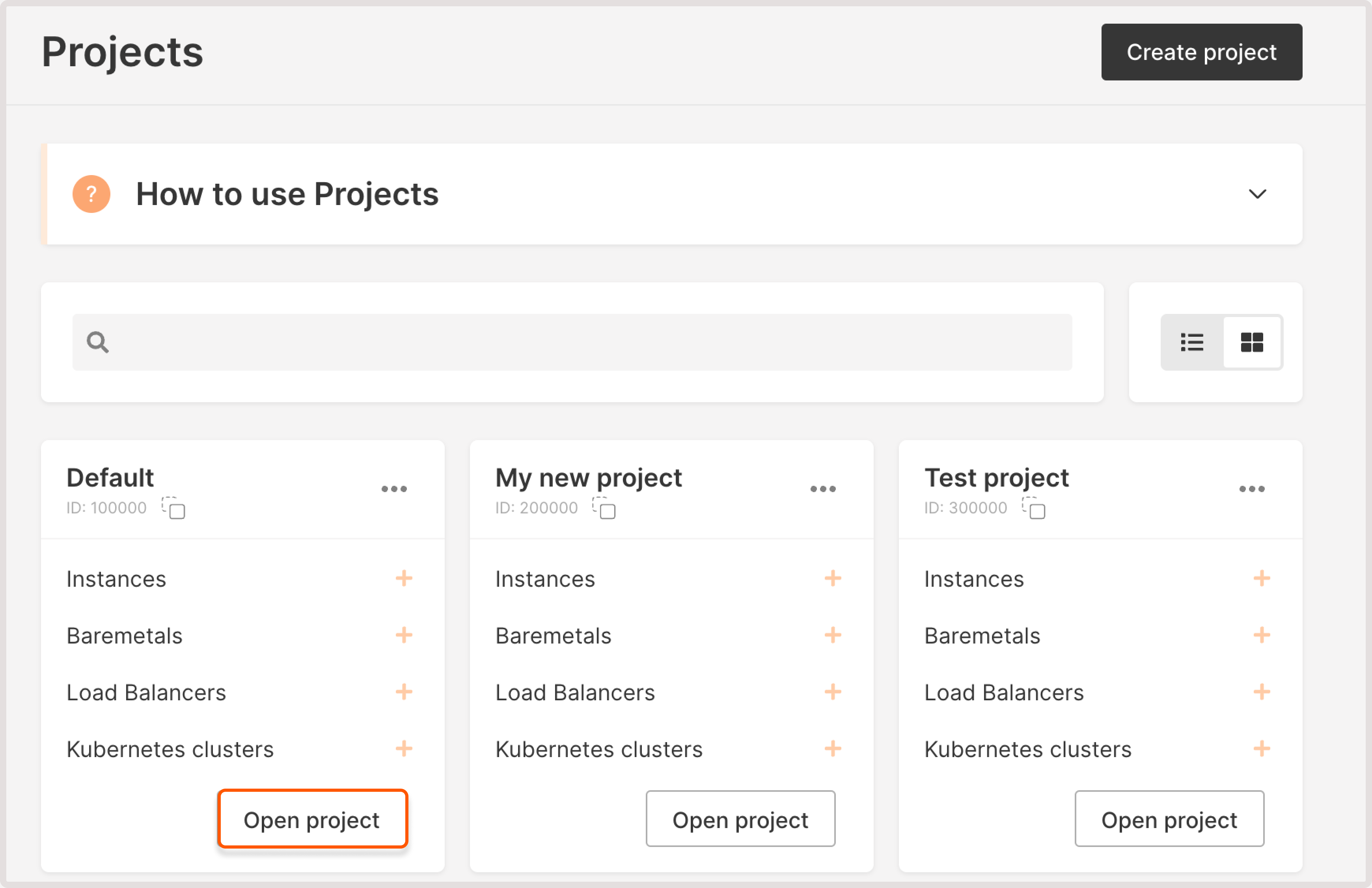 A list of projects with the highlighted Open project button