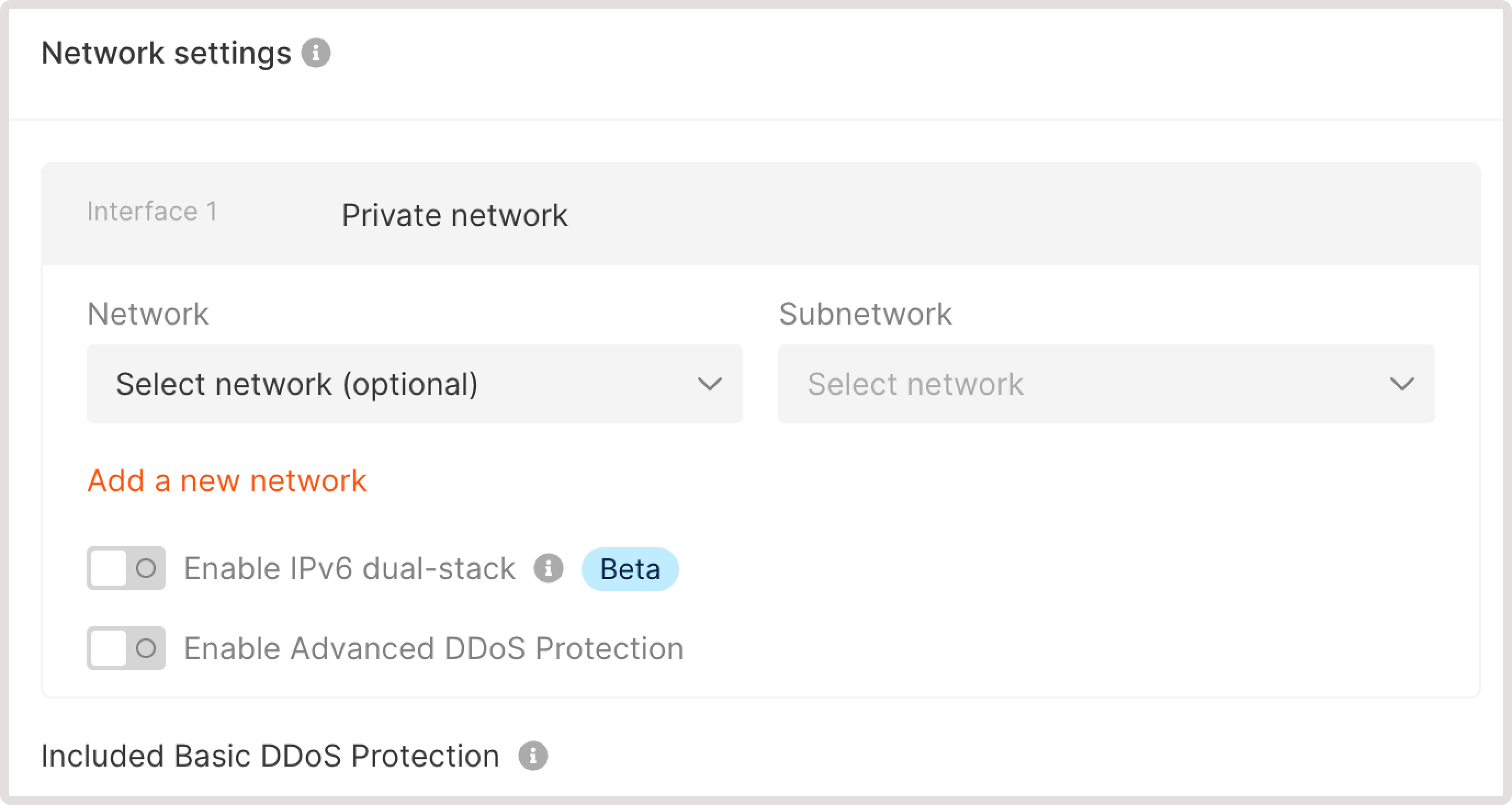 Network settings available for the Kubernetes cluster