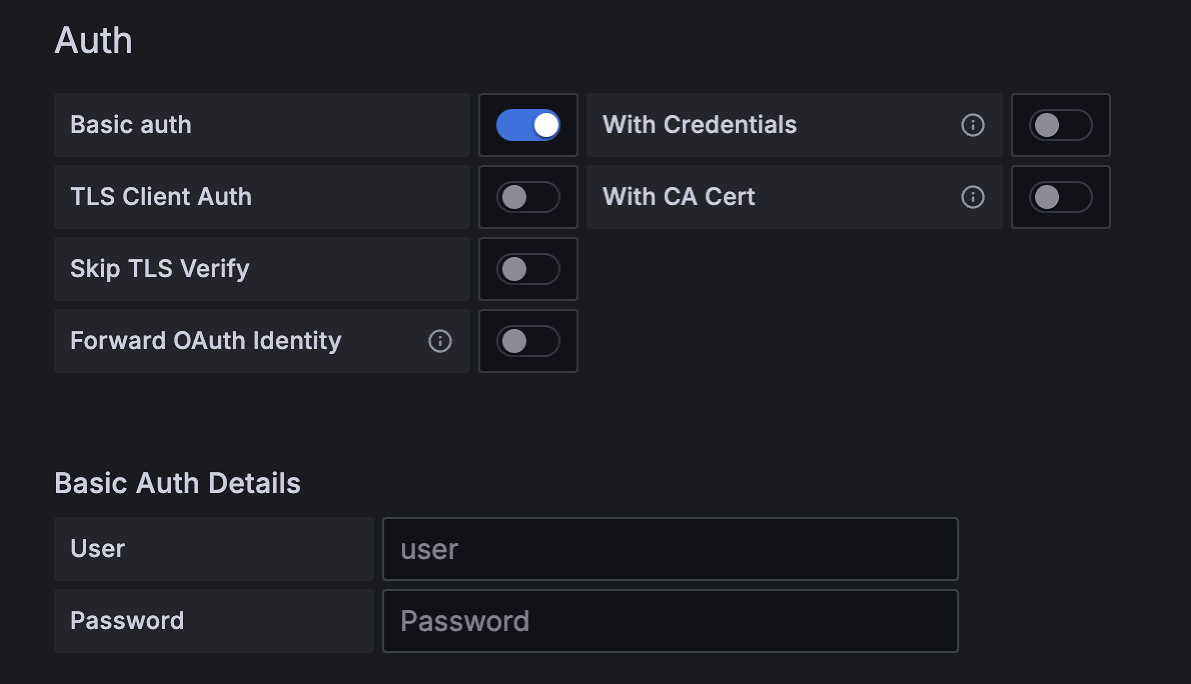 Authentication settings of the OpenSearch plugin in Grafana