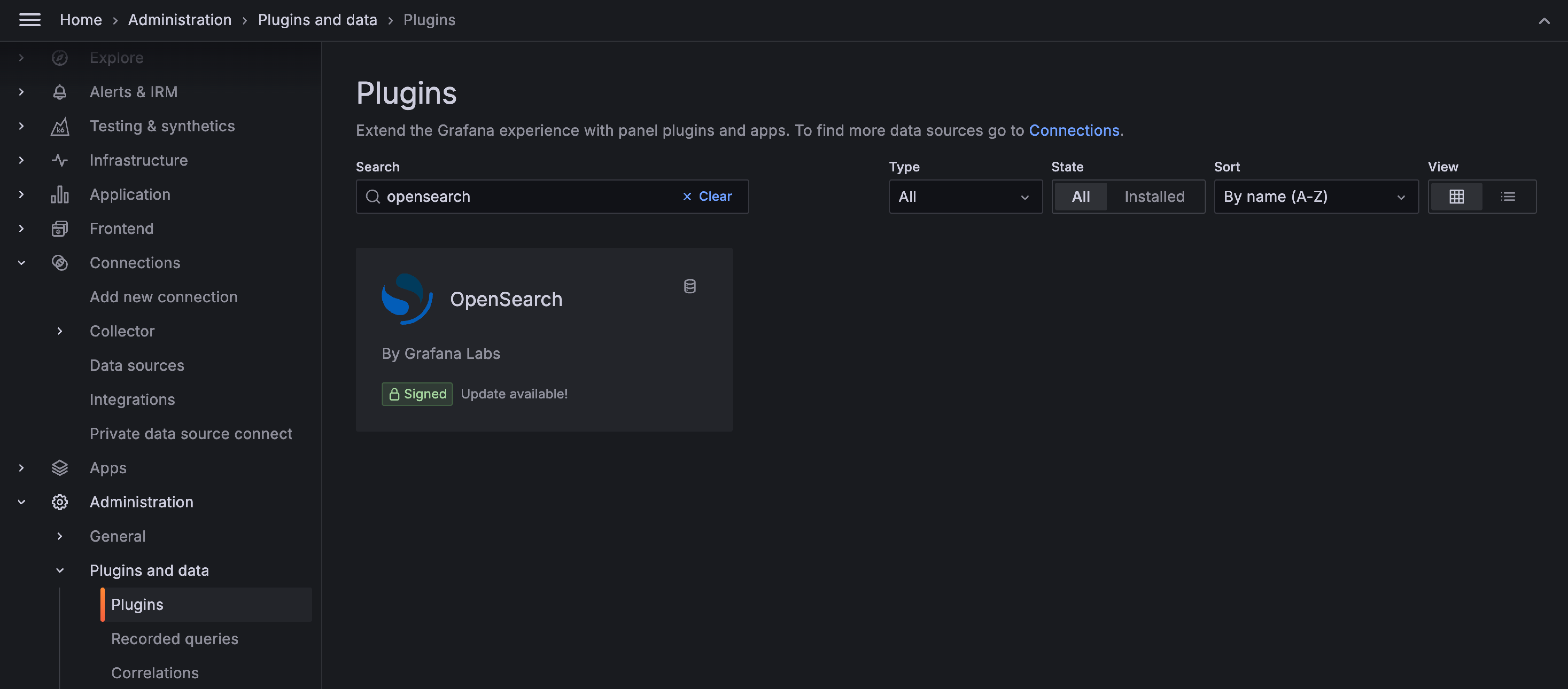Plugins page in Grafana featuring OpenSearch plugin