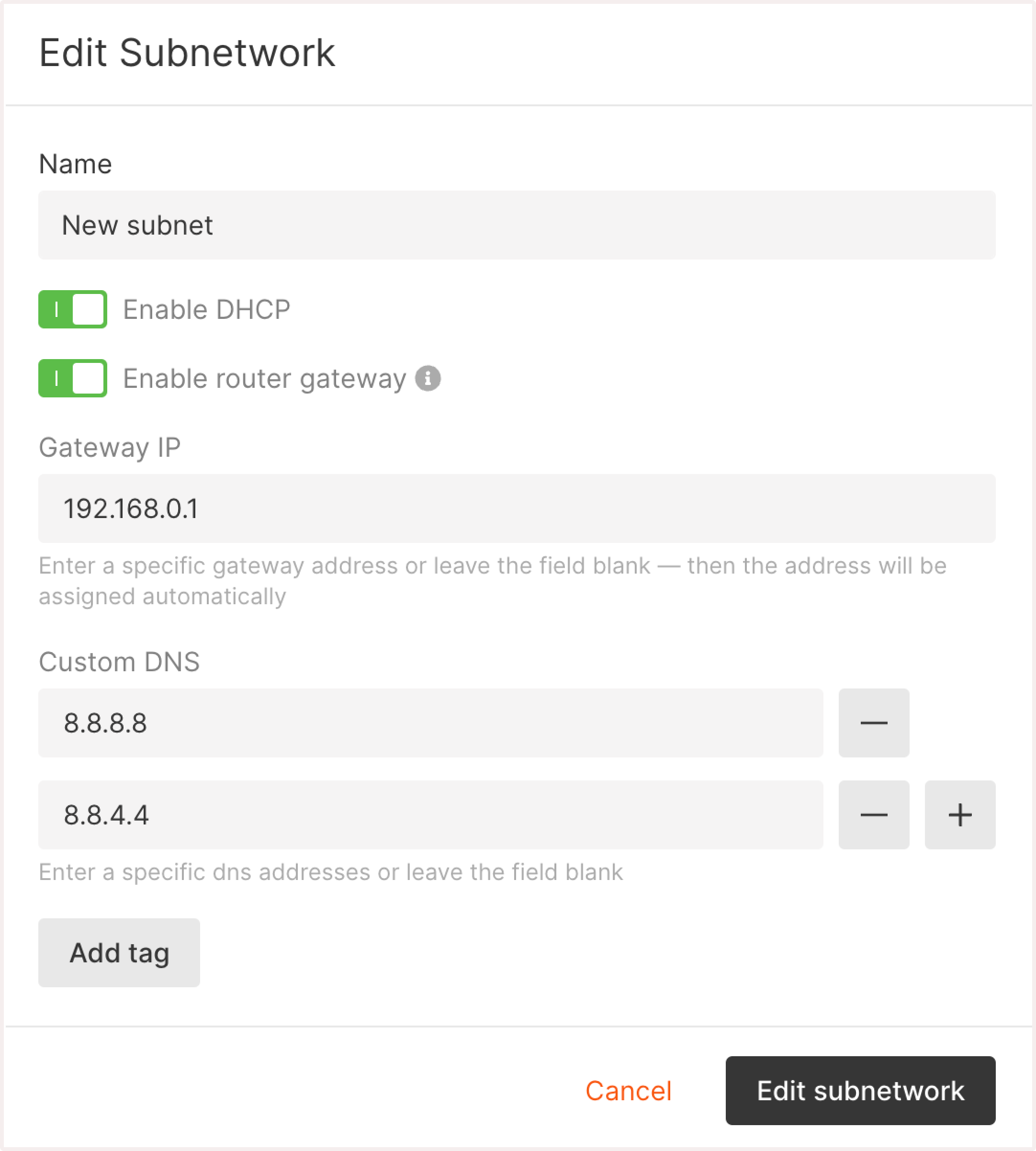 Subnetwork settings