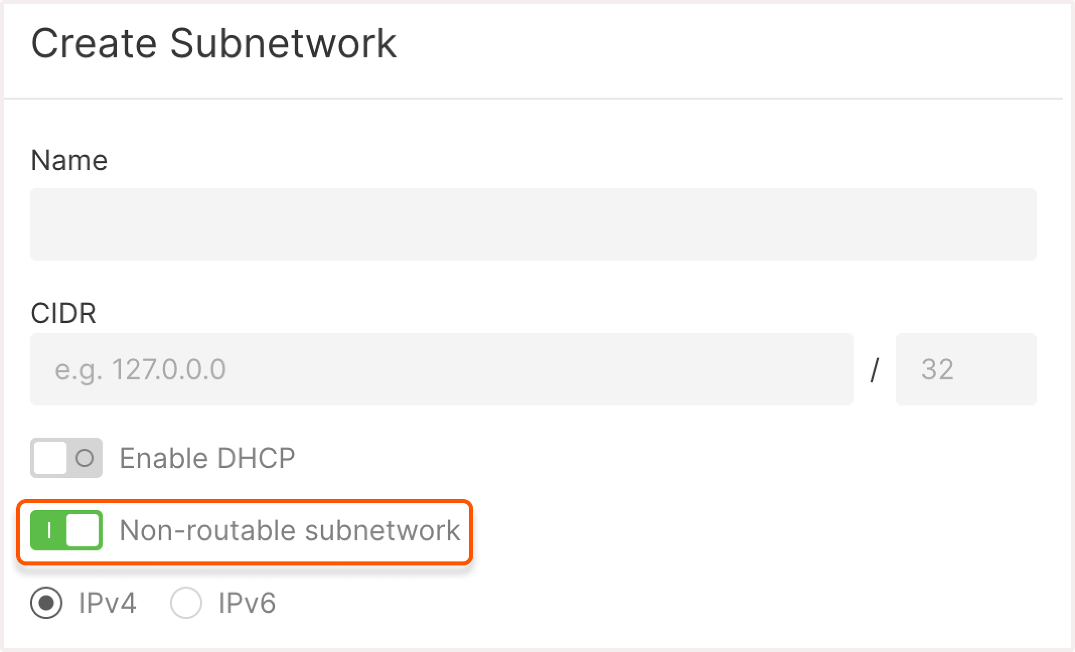 Create subnetwork dialog