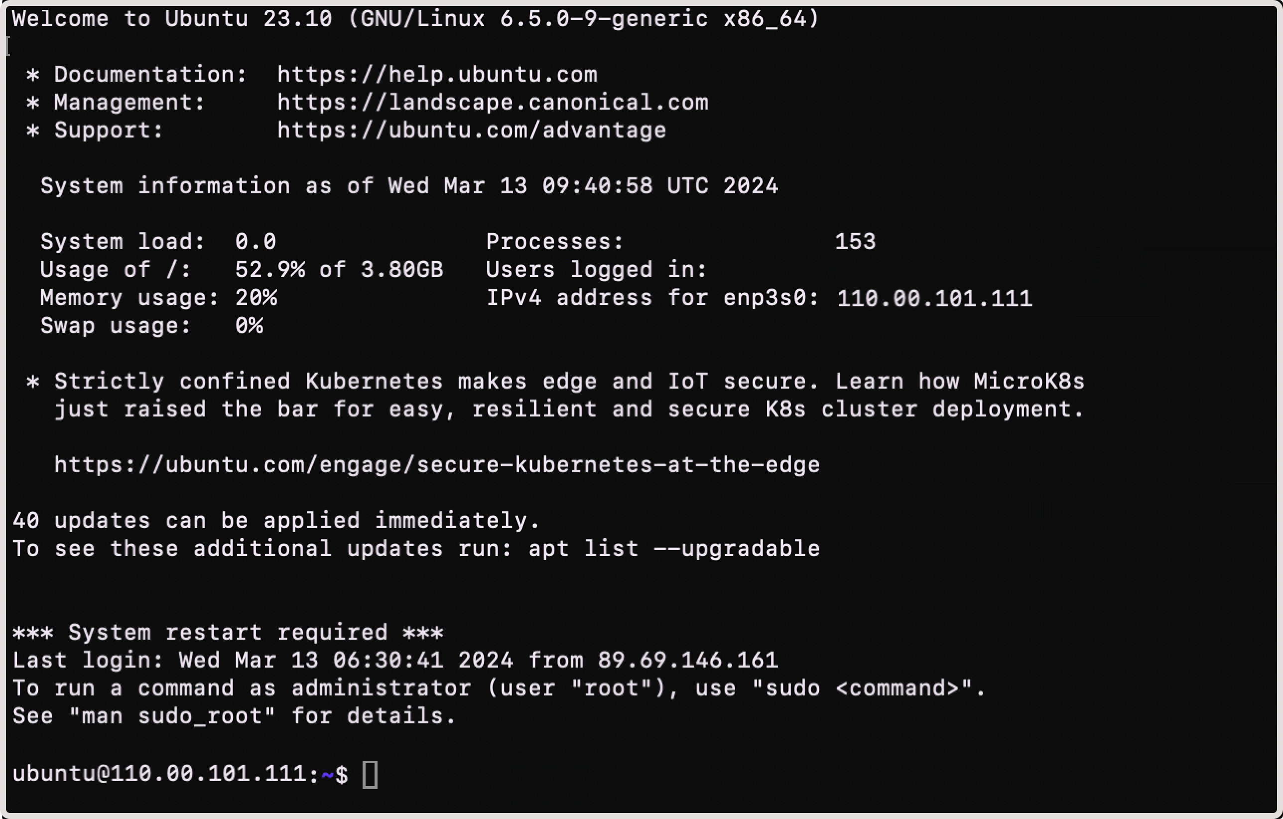 Ubuntu terminal displaying successful connection to an instance