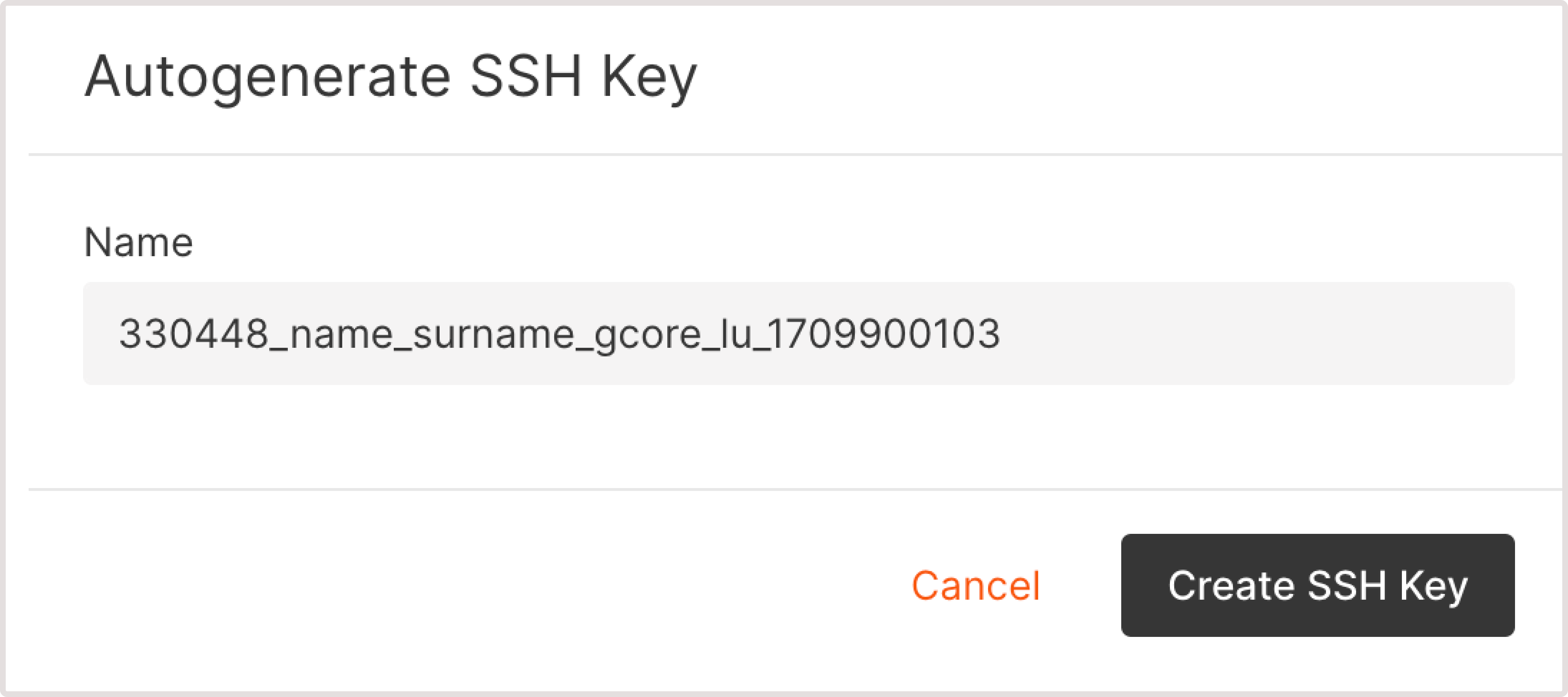 A dialog with options to name and create an SSH key