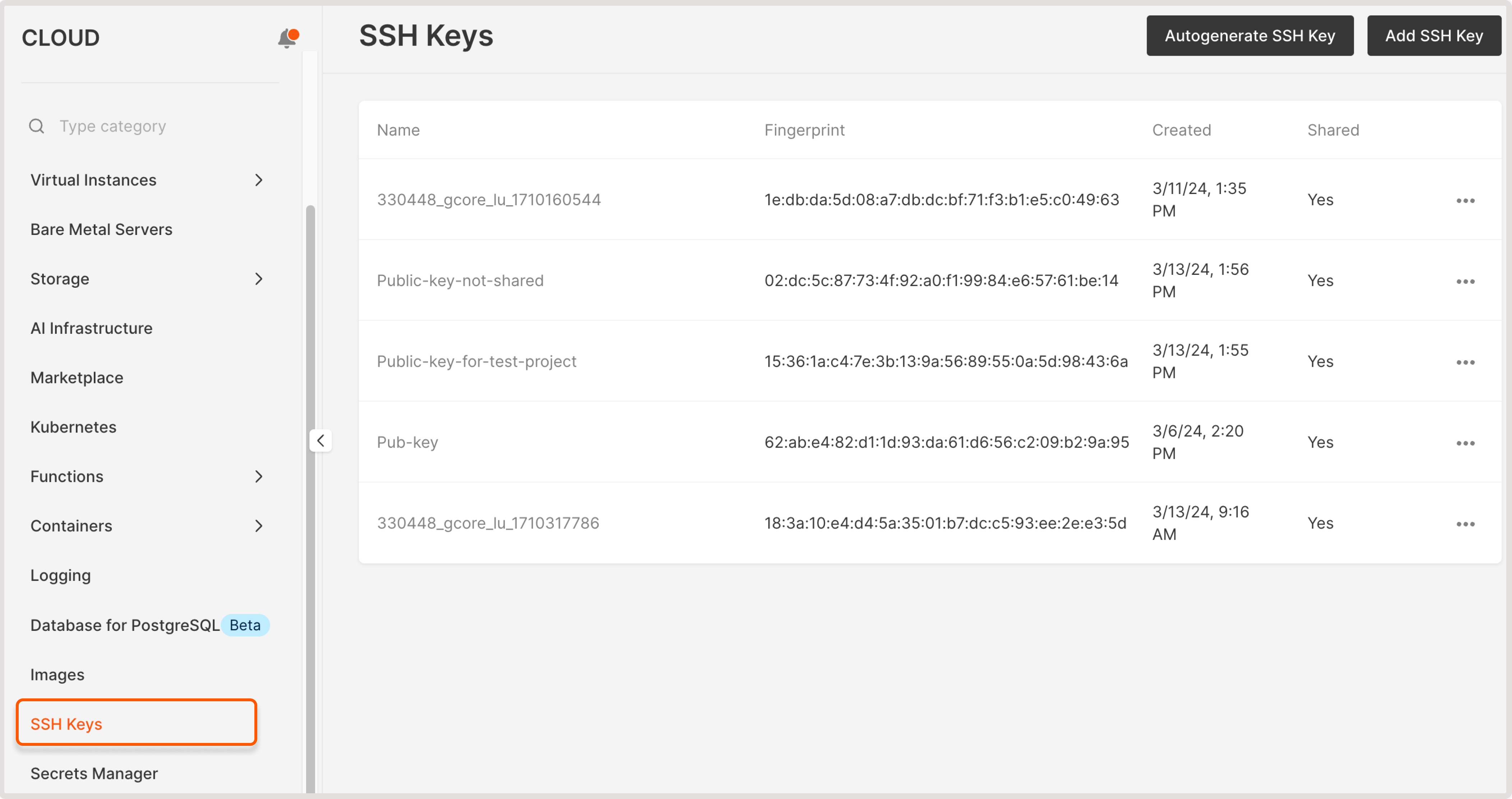 An SSH keys tab in the Gcore Customer Portal